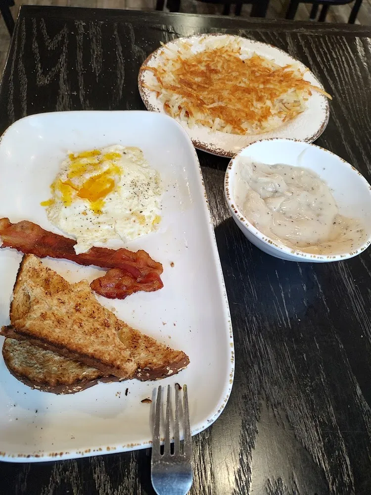 Egg Bacon Hashbrowns Sausage Gravy Toast